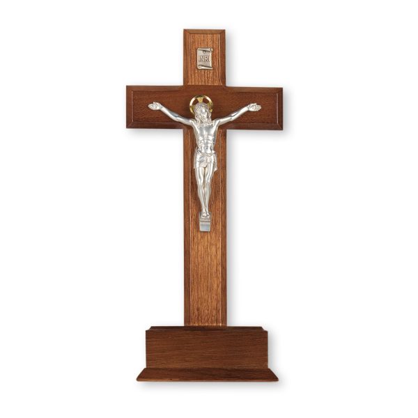 10" Walnut Wood Standing Crucifix with Silver Plated Corpus