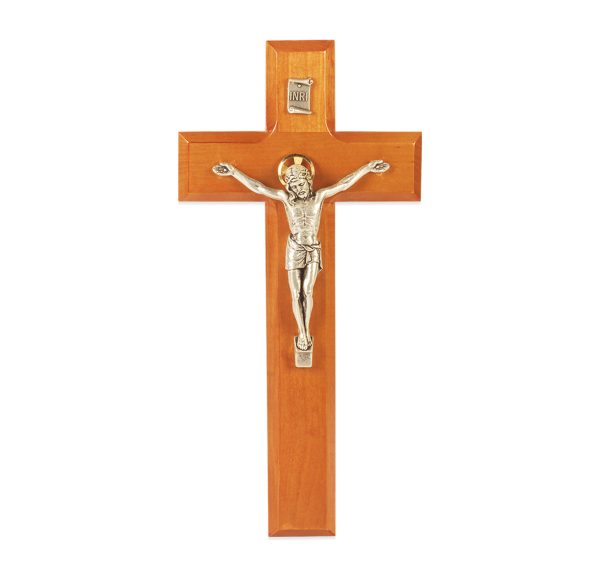 9" Natural Cherry Wood Wall Crucifix with Silver Plated Corpus