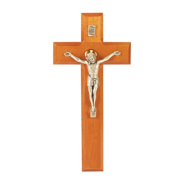 9" Natural Cherry Wood Wall Crucifix with Silver Plated Corpus