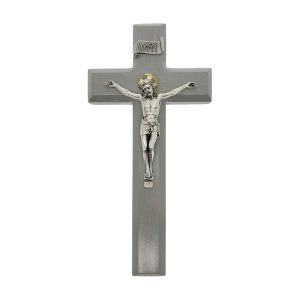 9" Camtry Gray Wood Wall Crucifix with Silver Plated Corpus