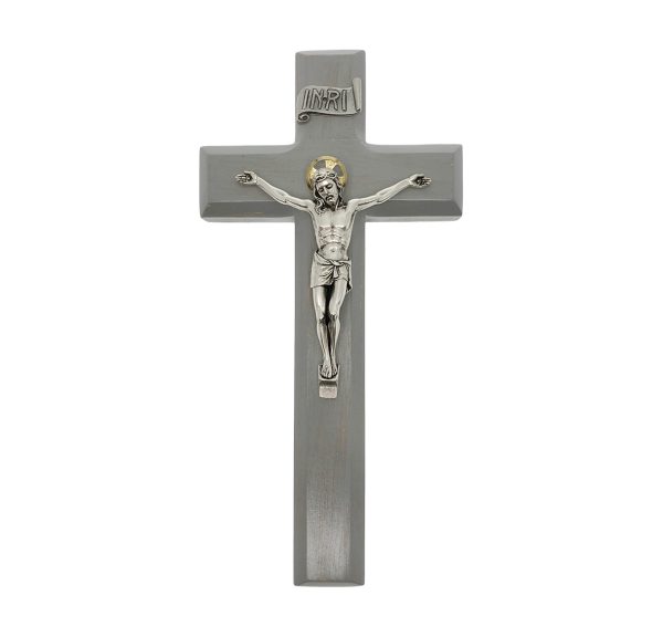 9" Camtry Gray Wood Wall Crucifix with Silver Plated Corpus
