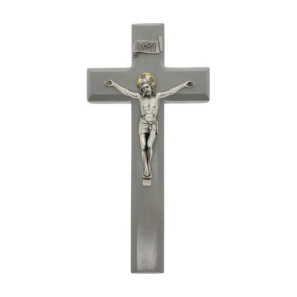 9" Camtry Gray Wood Wall Crucifix with Silver Plated Corpus
