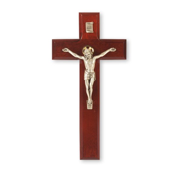 9" Dark Cherry Wood Wall Crucifix with Silver Plated Corpus