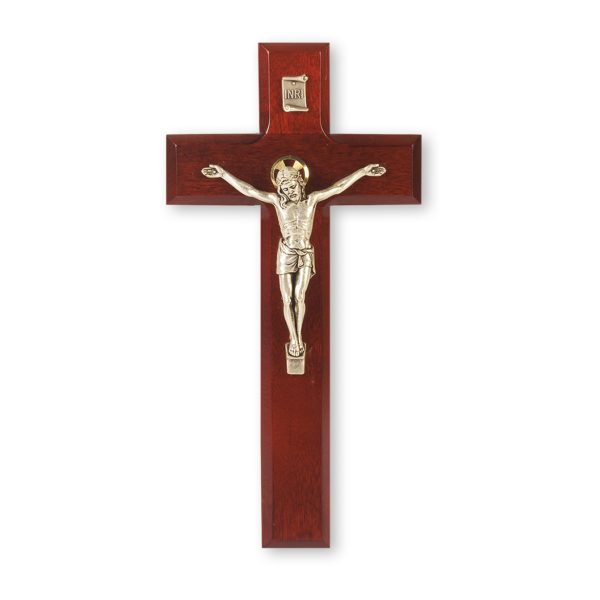 9" Dark Cherry Wood Wall Crucifix with Silver Plated Corpus