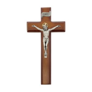 9" Twotone Wood Wall Crucifix with Silver Plated Corpus