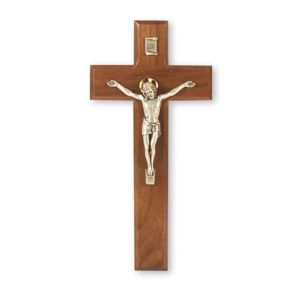 9" Genuine Walnut Wall Crucifix with Silver Plated Corpus