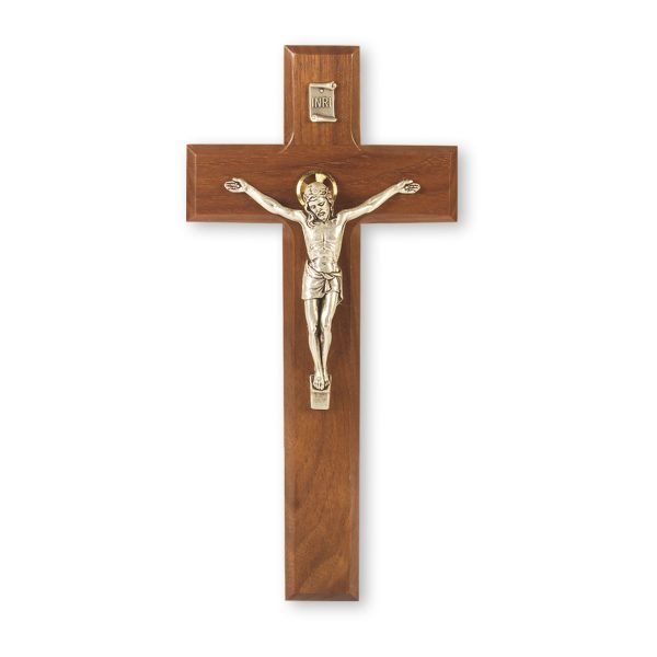 9" Genuine Walnut Wall Crucifix with Silver Plated Corpus