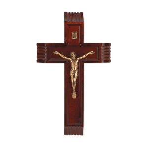 10" Dark Cherry Wood Sick Call Crucifix with Genuine Bronze Pewter Corpus
