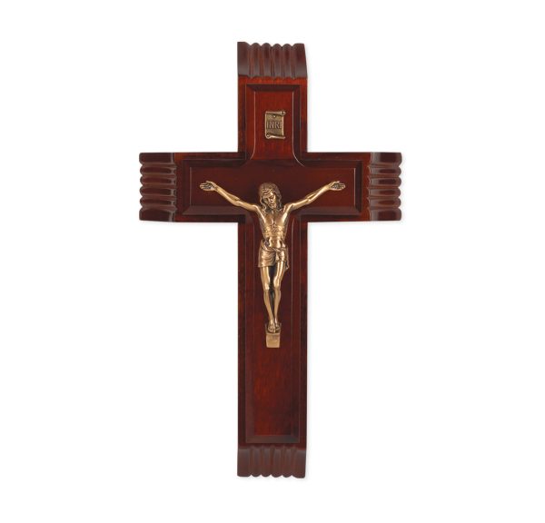 10" Dark Cherry Wood Sick Call Crucifix with Genuine Bronze Pewter Corpus