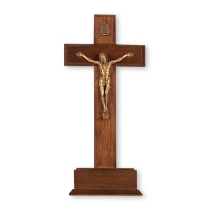 10" Walnut Wood Standing Crucifix with Genuine Bronze Pewter Corpus