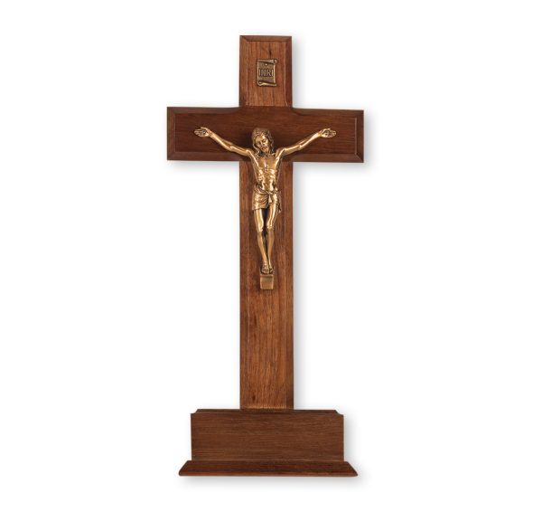 10" Walnut Wood Standing Crucifix with Genuine Bronze Pewter Corpus