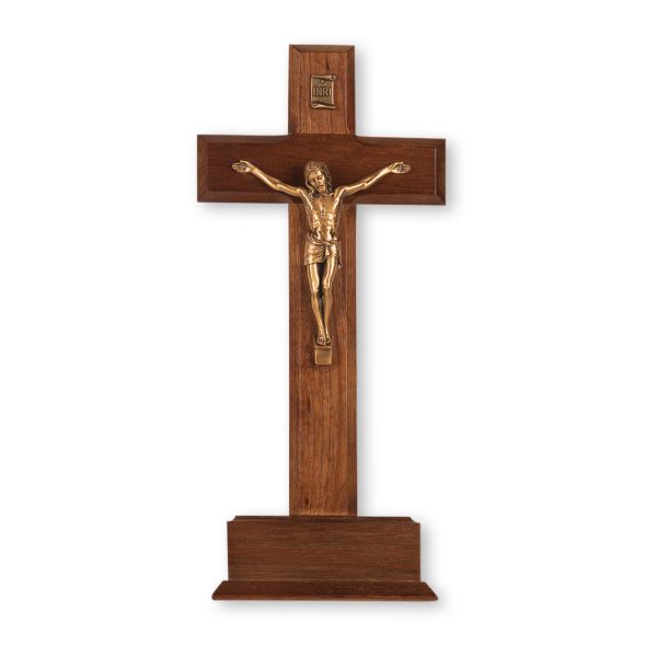 10" Walnut Wood Standing Crucifix with Genuine Bronze Pewter Corpus