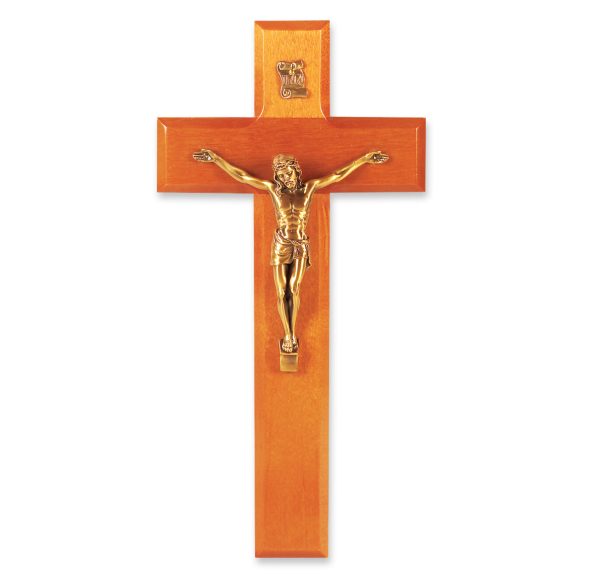 9" Natural Cherry Wood Wall Crucifix with Genuine Bronze Pewter Corpus