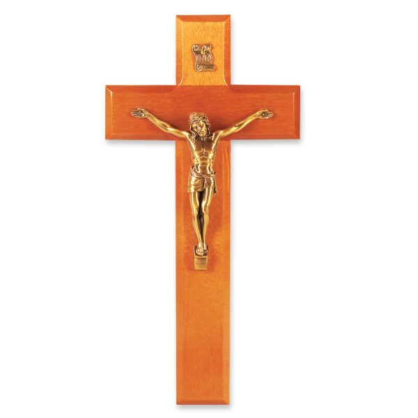 9" Natural Cherry Wood Wall Crucifix with Genuine Bronze Pewter Corpus