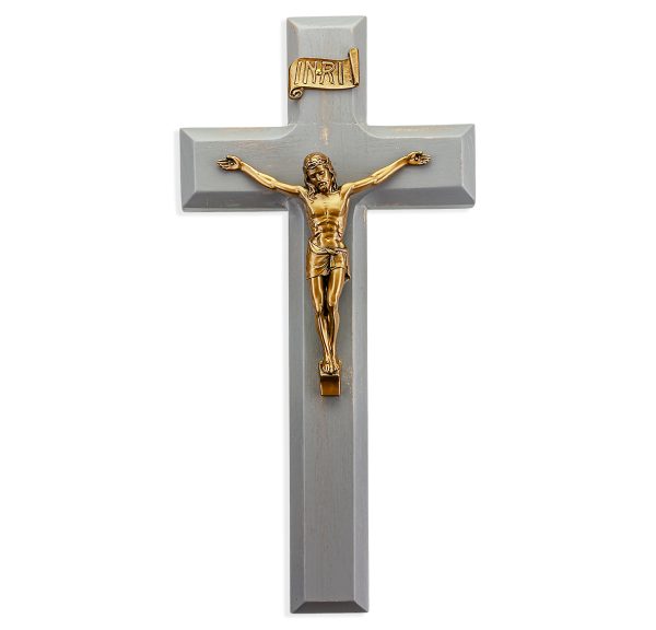 9" Camtry Gray Wood Wall Crucifix with Genuine Bronze Pewter Corpus