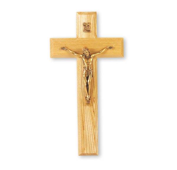 9" Oak Wall Crucifix with Genuine Bronze Pewter Corpus