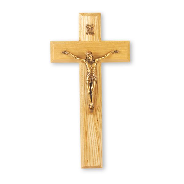 9" Oak Wall Crucifix with Genuine Bronze Pewter Corpus