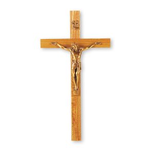 9" Oak Wall Crucifix with Genuine Bronze Pewter Corpus