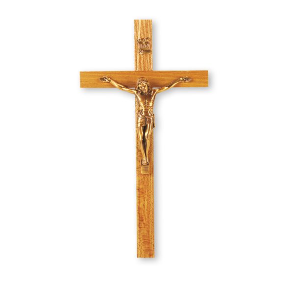9" Oak Wall Crucifix with Genuine Bronze Pewter Corpus