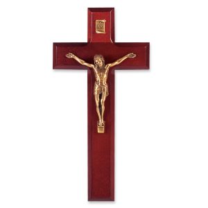 9" Dark Cherry Wood Wall Crucifix with Genuine Bronze Pewter Corpus
