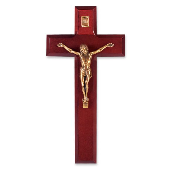 9" Dark Cherry Wood Wall Crucifix with Genuine Bronze Pewter Corpus