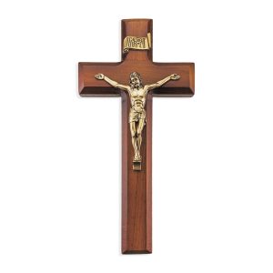 9" Twotone Wood Wall Crucifix with Genuine Bronze Pewter Corpus