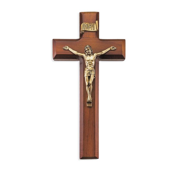 9" Twotone Wood Wall Crucifix with Genuine Bronze Pewter Corpus