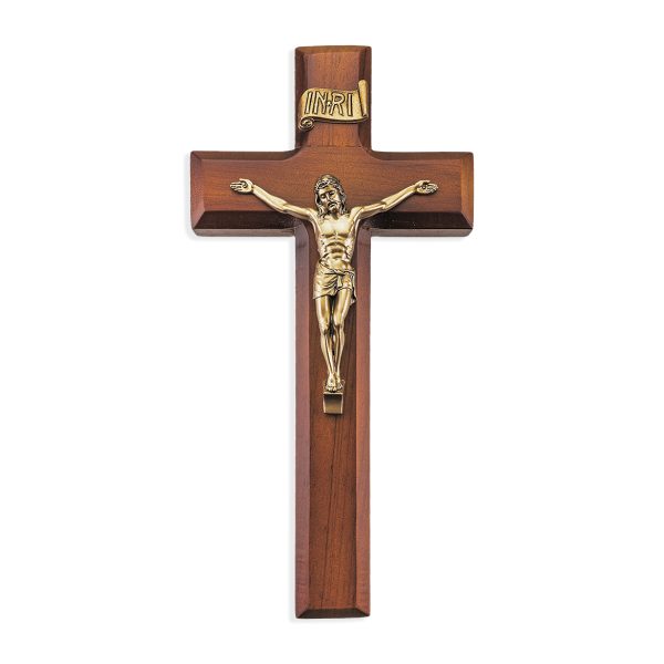 9" Twotone Wood Wall Crucifix with Genuine Bronze Pewter Corpus