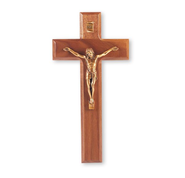 9" Genuine Walnut Wall Crucifix with Genuine Bronze Pewter Corpus