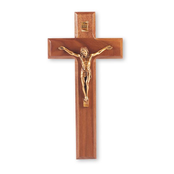 9" Genuine Walnut Wall Crucifix with Genuine Bronze Pewter Corpus