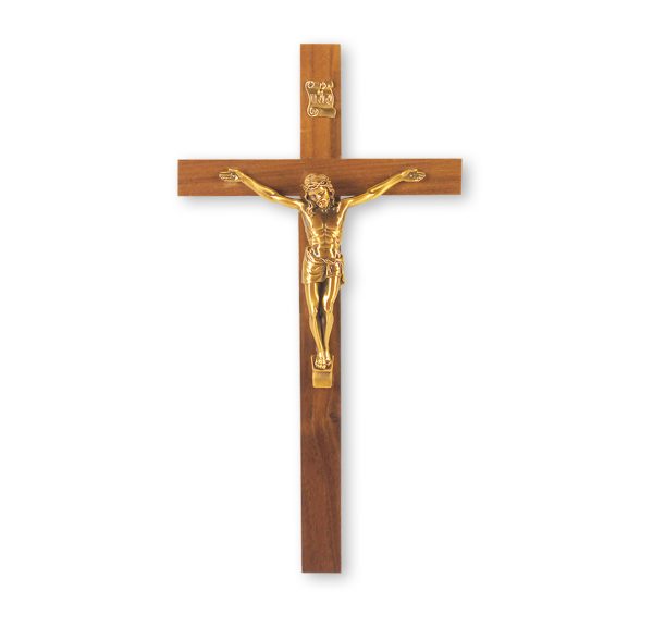 9" Genuine Walnut Wall Crucifix with Genuine Bronze Pewter Corpus