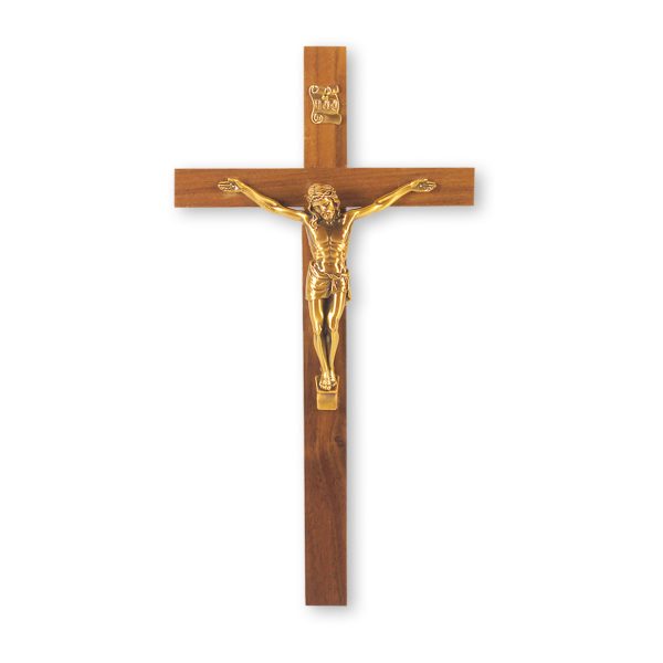 9" Genuine Walnut Wall Crucifix with Genuine Bronze Pewter Corpus
