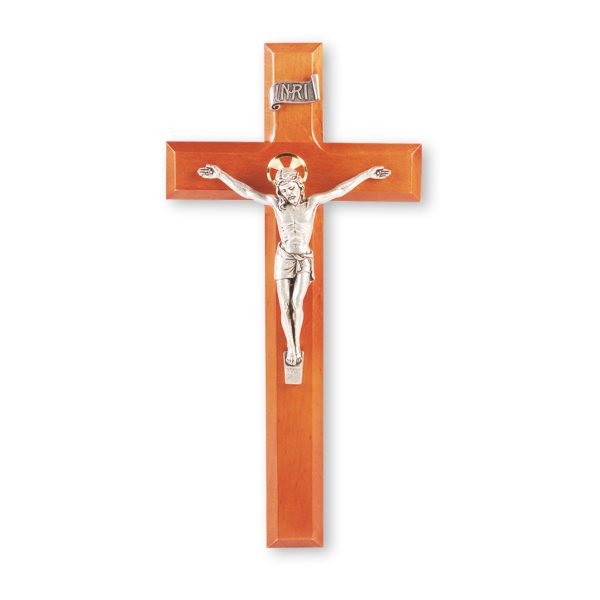 11" Natural Cherry Wood Wall Crucifix with Silver Plated Corpus