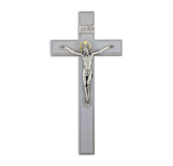 11" Camtry Gray Wood Wall Crucifix with Silver Plated Corpus