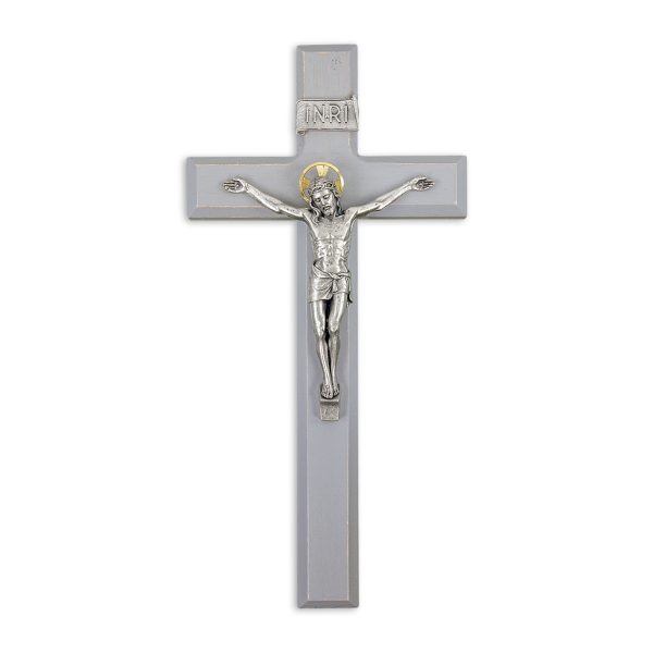 11" Camtry Gray Wood Wall Crucifix with Silver Plated Corpus