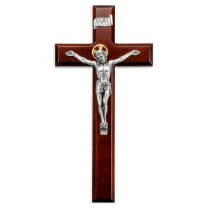 11" Dark Cherry Wood Wall Crucifix with Silver Plated Corpus