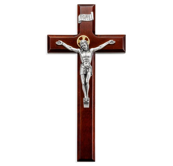 11" Dark Cherry Wood Wall Crucifix with Silver Plated Corpus