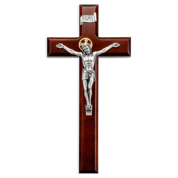 11" Dark Cherry Wood Wall Crucifix with Silver Plated Corpus