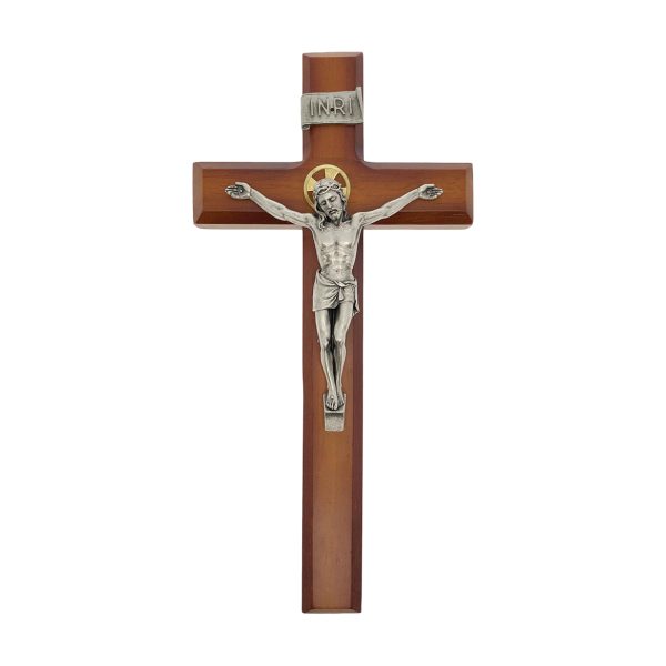 11" Twotone Wood Wall Crucifix with Silver Plated Corpus