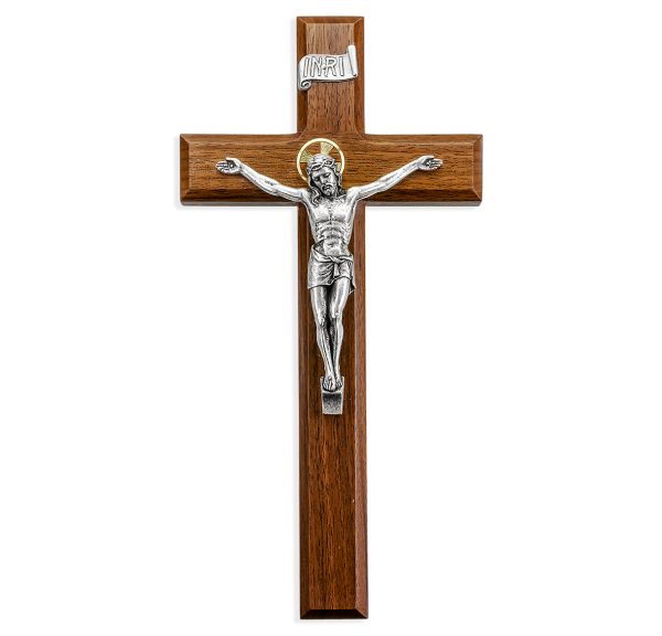 11" Walnut Wood Wall Crucifix with Silver Plated Corpus