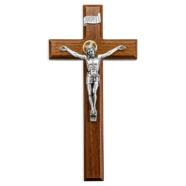 11" Walnut Wood Wall Crucifix with Silver Plated Corpus