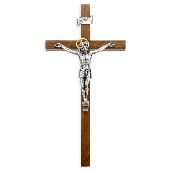 11" Walnut Wood Wall Crucifix with Silver Plated Corpus