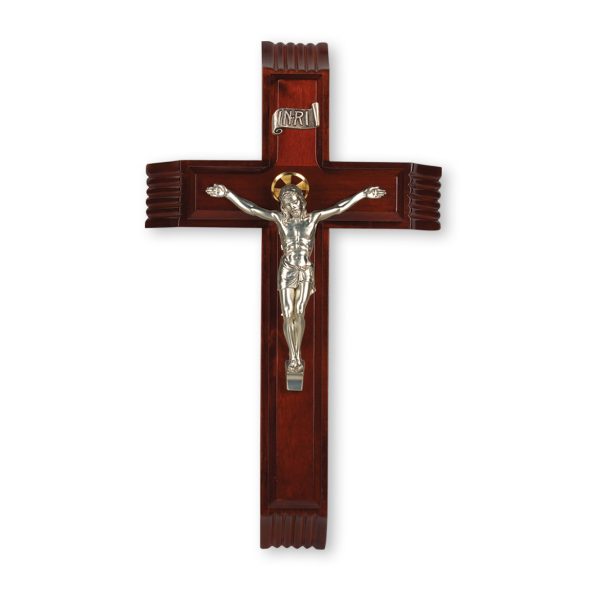 12" Dark Cherry Wood Sick Call Crucifix with Silver Plated Corpus