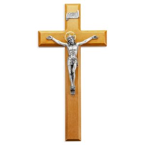 11" Natural Cherry Wood Wall Crucifix with Genuine Bronze Pewter Corpus