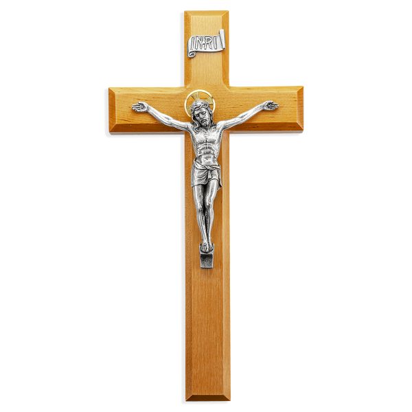 11" Natural Cherry Wood Wall Crucifix with Genuine Bronze Pewter Corpus