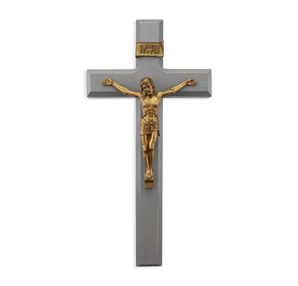 11" Camtry Gray Wood Wall Crucifix with Genuine Bronze Pewter Corpus