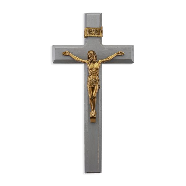 11" Camtry Gray Wood Wall Crucifix with Genuine Bronze Pewter Corpus
