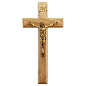 11" Oak Wood Wall Crucifix with Genuine Bronze Pewter Corpus