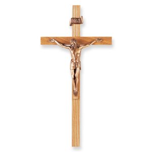 11" Oak Wood Wall Crucifix with Genuine Bronze Pewter Corpus