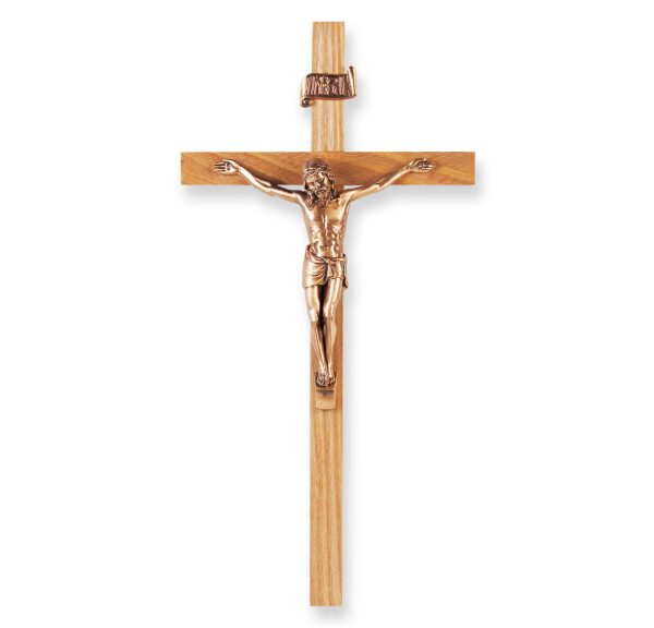 11" Oak Wood Wall Crucifix with Genuine Bronze Pewter Corpus